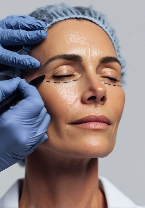 Surgeon marking dotted incision lines on woman patient eyes, blepharoplasty, cosmetic eyelid surgery, eye bag removal procedure.